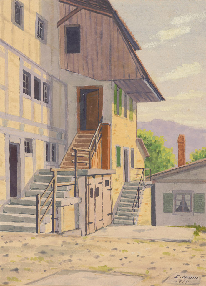 Wälli, Ernst Daniel: Alte Häuser Ecke Haldenbach-Hochstr. (Schulmeister Rud. Küng), 1914. Zentralbibliothek Zürich, Zürich 6.1, Haldenbachstrasse I, 2