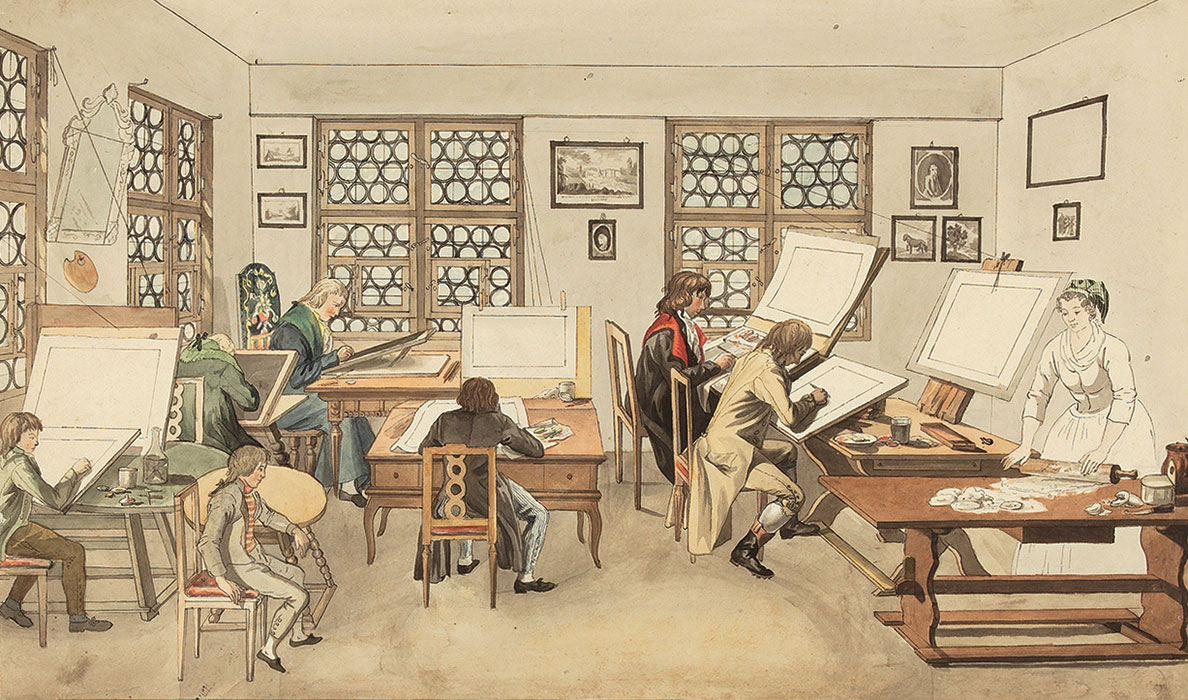 Gabriel Ludwig Lory, Das Koloristenatelier von Bartholomäus Fehr in St. Gallen, Feder und Aquarell, vor 1784. Kunstmuseum Bern, Legat C.L. Lory, Inv.Nr. A 3777